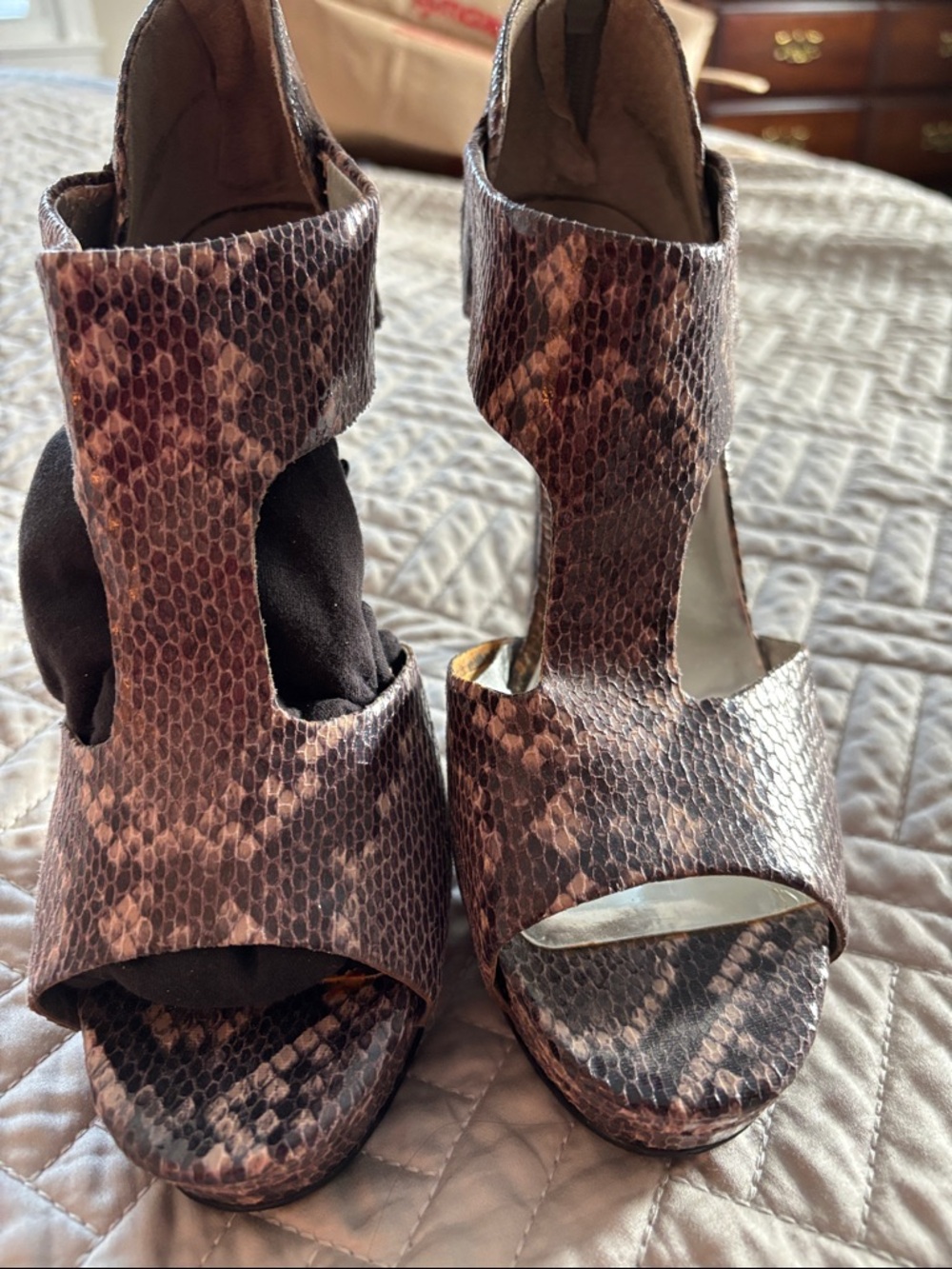 Nine West Brown Snake-Print Peep-Toe High Heels